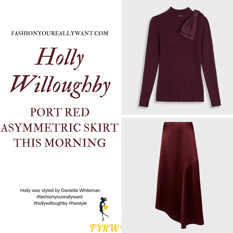 Where to get all Holly Willoughby This Morning outfits blog November 2020 port red knitwear asymmetric skirt suede court shoes