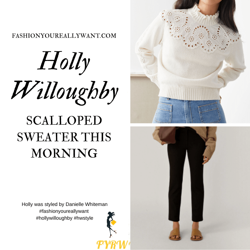Where to get all Holly Willoughby This Morning outfits blog November 2020 white scalloped knit black cropped trousers suede court shoes
