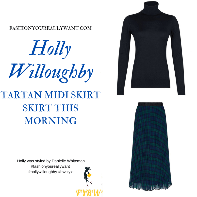Where to get all Holly Willoughby This Morning outfits blog November 2020 blue tartan pleated midi skirt blue polo neck suede court shoes