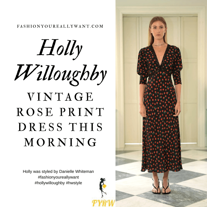 Where to get all Holly Willoughby This Morning outfits blog November 2020 black short sleeve rose print dress black rollneck black suede court shoes