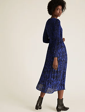 M&amp;S Collection Animal Print Plisse Midaxi Waisted Dress back view