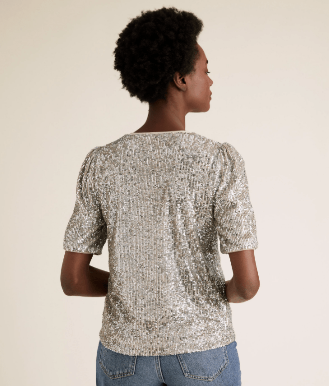M&amp;S Collection Sequin Crew Neck Short Sleeve top back view
