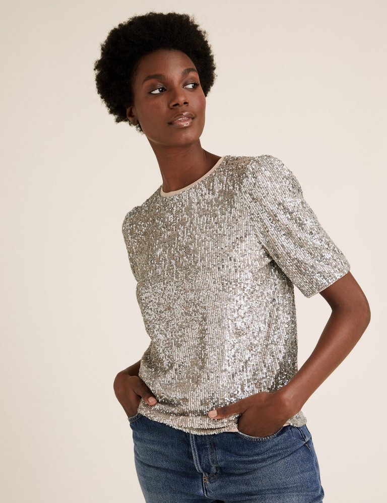 M&amp;S Collection Sequin Crew Neck Short Sleeve Top