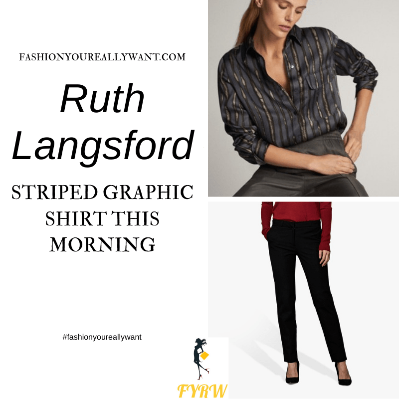 Where to get all Ruth Langsford This Morning outfits blog November 2020 black striped shirt black trousers black stud court shoes