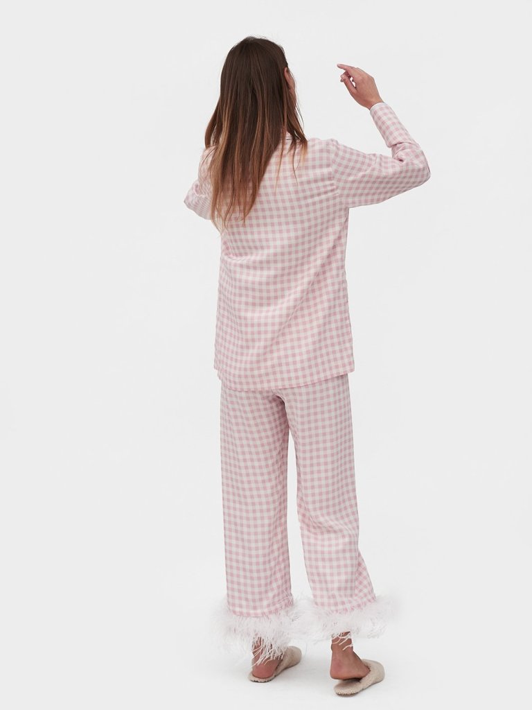 Sleeper-Party-Pyjamas-In-Pink-Gingham-With-Feathers-back view