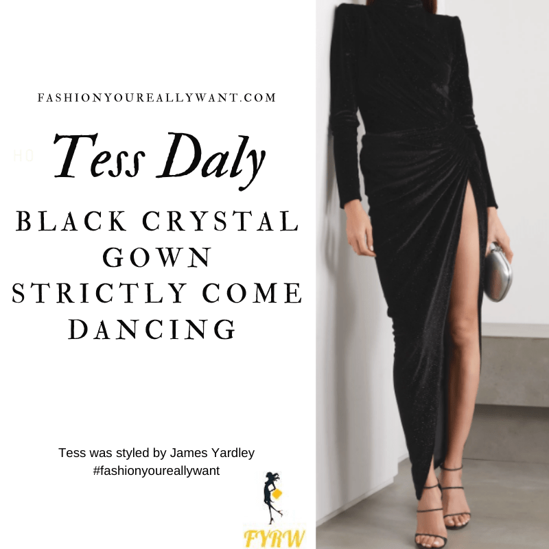 Tess Daly Wore This on Strictly Come Dancing Week 4 November 2020 where to get her outfits black velvet crystal ruched gown gold strappy sandals
