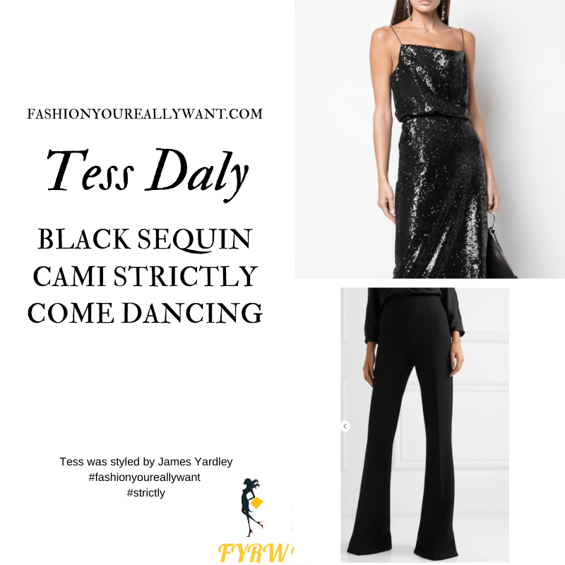 Tess Daly Wore This on Strictly Come Dancing Week 5 Results November 2020 where to get her outfits black sequin camisole black flared trousers