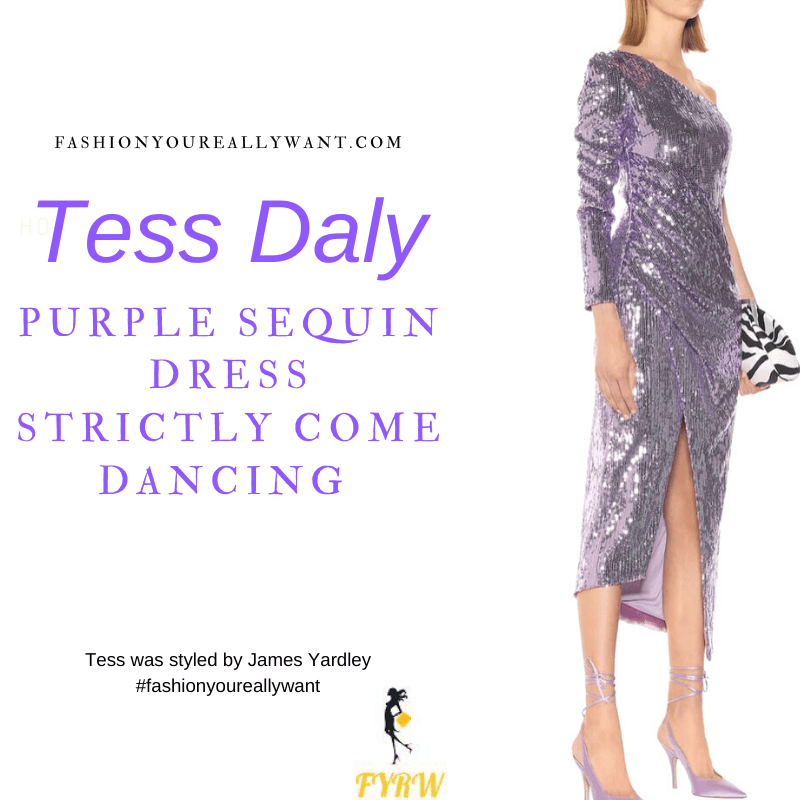 Tess Daly Wore This on Strictly Come Dancing Week 6 November 2020 where to get her outfits purple sequin one sleeve dress silver sandals