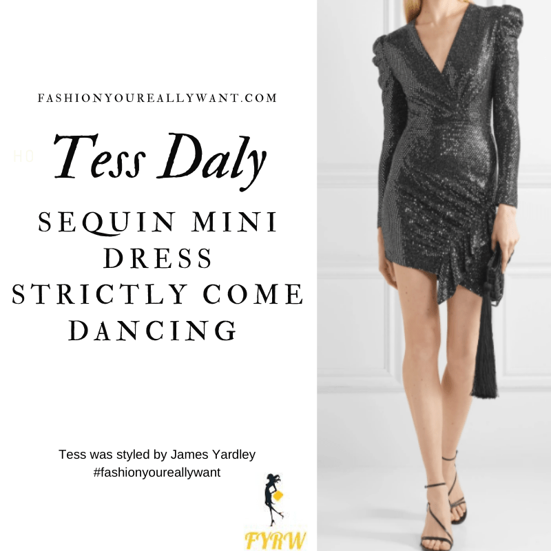 Tess Daly Wore This on Strictly Come Dancing Week 2 Results November 2020 where to get her outfits black sequin mini dress white studded sandals