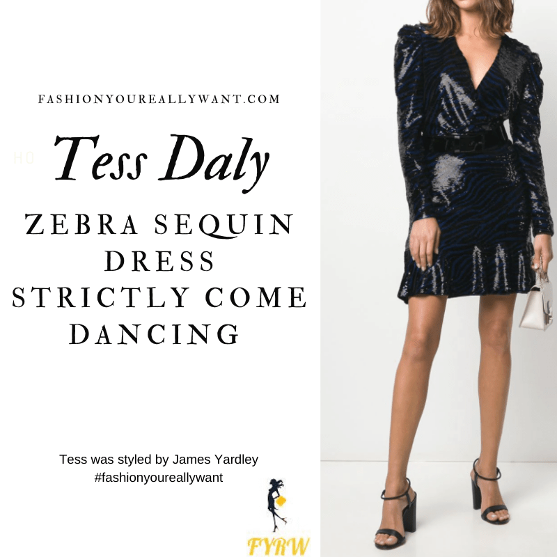 Tess Daly Wore This on Strictly Come Dancing Week 4 Results November 2020 where to get her outfits black and blue zebra sequin mini dress black sandals