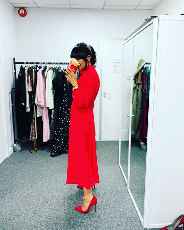 where to get all Claudia Winkleman Strictly dresses red midi dress 15 November 2020 Photo Claudia Winkleman