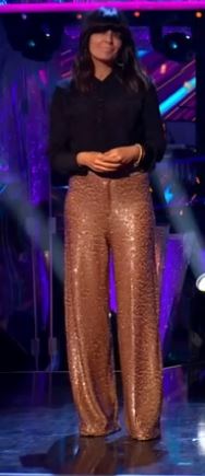 where to get all Claudia Winkleman strictly outfits gold brown sequin trousers black shiet 1 November 2020 Photo BBC