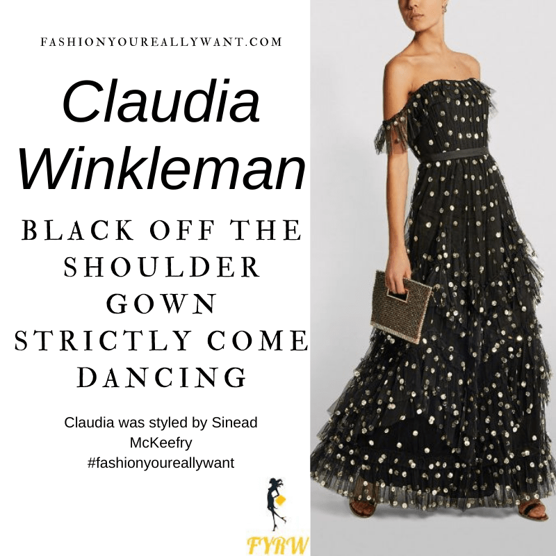 Claudia Winkleman Wore This on Strictly Come Dancing Final December 2020 where to get her outfits black off the shoulder tulle tiered dress gold sequins