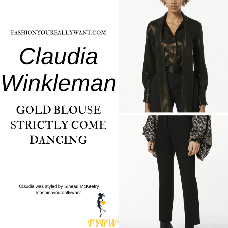 Claudia Winkleman Wore This on Strictly Come Dancing Week 7 Results December 2020 where to get her outfits gold tie neck blouse black trousers