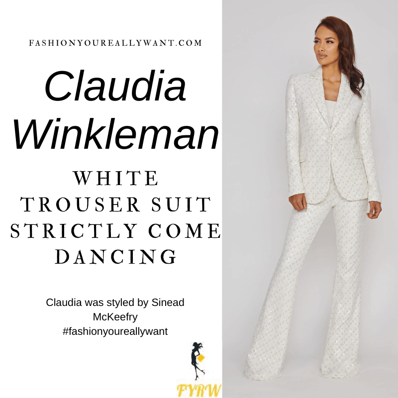 Claudia Winkleman Wore This on Strictly Come Dancing Week 7 December 2020 where to get her outfits white sequin velvet trouser suit