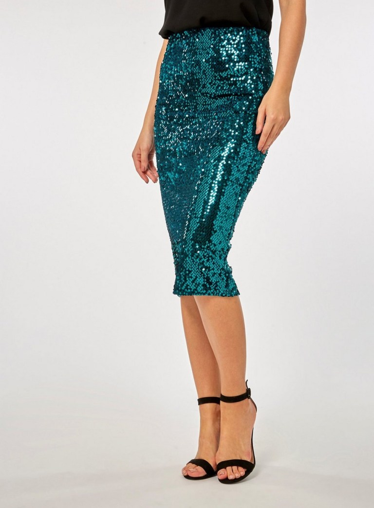 Dorothy Perkins Teal Velvet Sequin Pencil Skirt