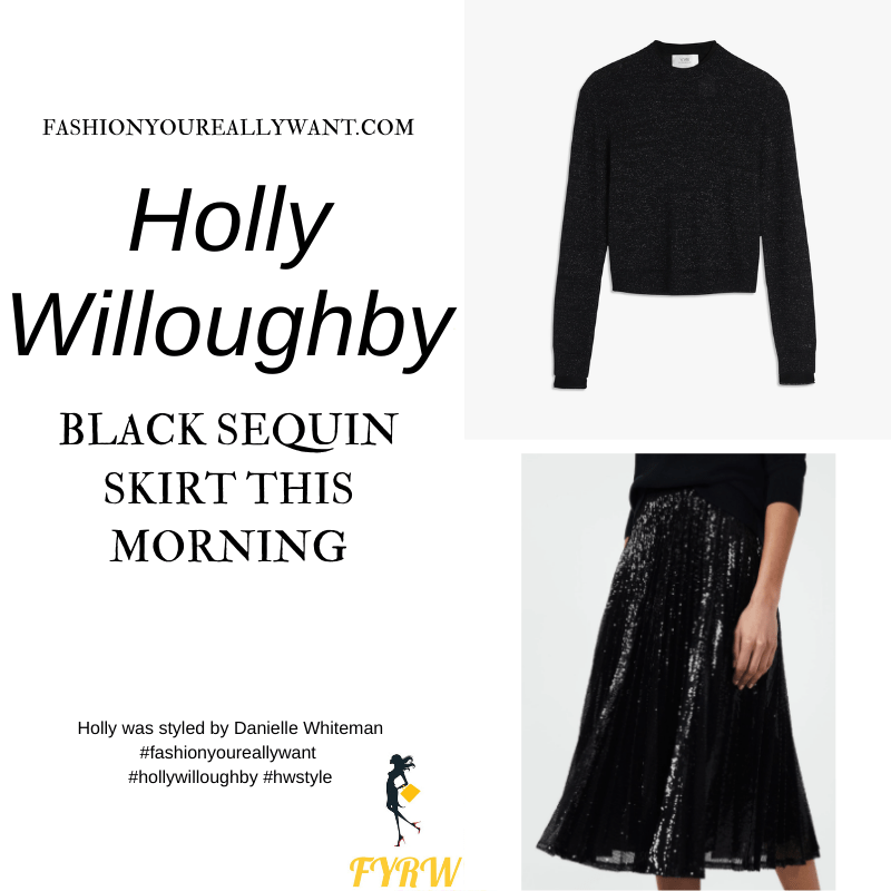 Where to get all Holly Willoughby This Morning outfits blog December 2020 black sequin skirt black lurex knit black suede court shoes