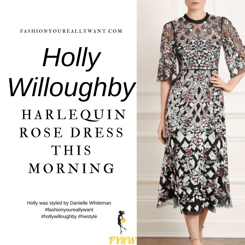 Where to get all Holly Willoughby This Morning outfits blog December 2020 black harlequin rose sequin midi dress black suede court shoes