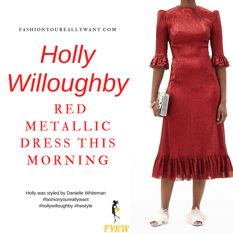Where to get all Holly Willoughby This Morning outfits blog December 2020 red metallic ruffle midi dress black suede court shoes