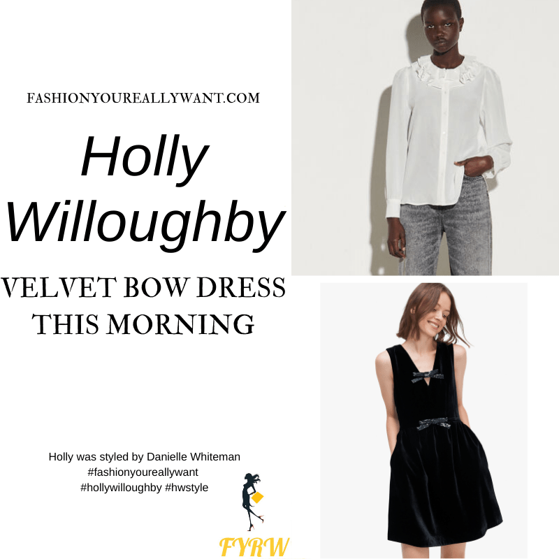 Where to get all Holly Willoughby This Morning outfits blog December 2020 black velvet and sequin bow dress cream ruffle collar shirt black buckle satin shoes