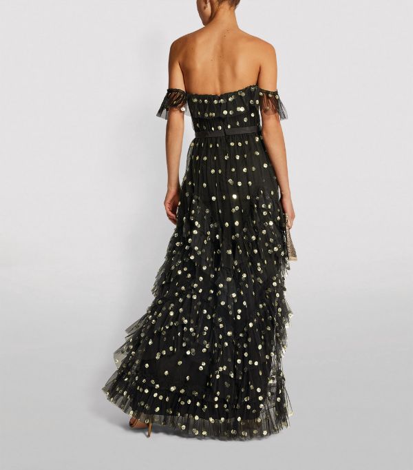 Marchesa Notte Embellished Off-The-Shoulder Tiered Gown back view