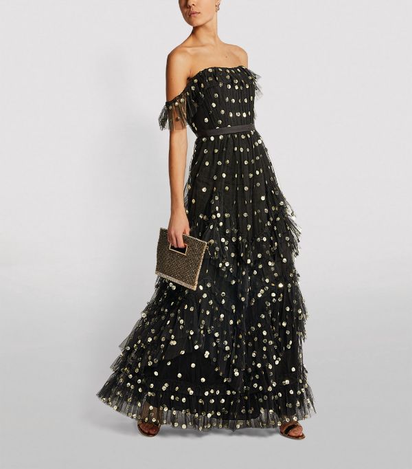 Marchesa Notte Embellished Off-The-Shoulder Tiered Gown