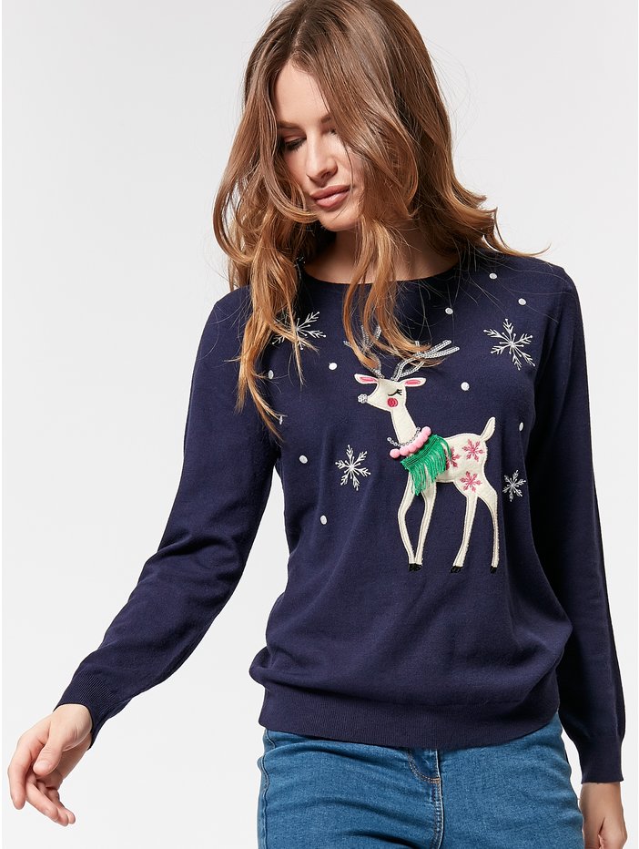 M&amp;Co Petite Reindeer Embellished Christmas Jumper