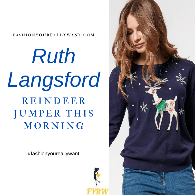 Where to get all Ruth Langsford This Morning outfits blog December 2020 Blue jumper with reindeer and snowflakes