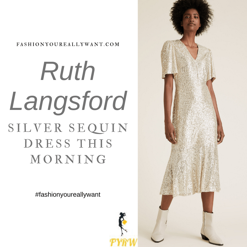 Where to get all Ruth Langsford This Morning outfits blog December 2020 silver sequin v neck midi tea dress