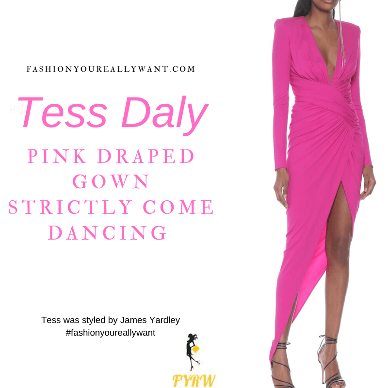 Tess Daly Wore This on Strictly Come Dancing Semi Finals December 2020 where to get her outfits v neck pink draped side split gown pink satin sandals