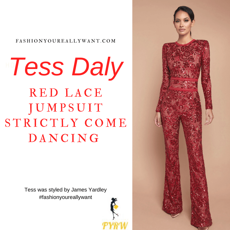 Tess Daly Strictly Come Dancing Christmas Show December 2020 where to get her outfits embellished red lace jumpsuit