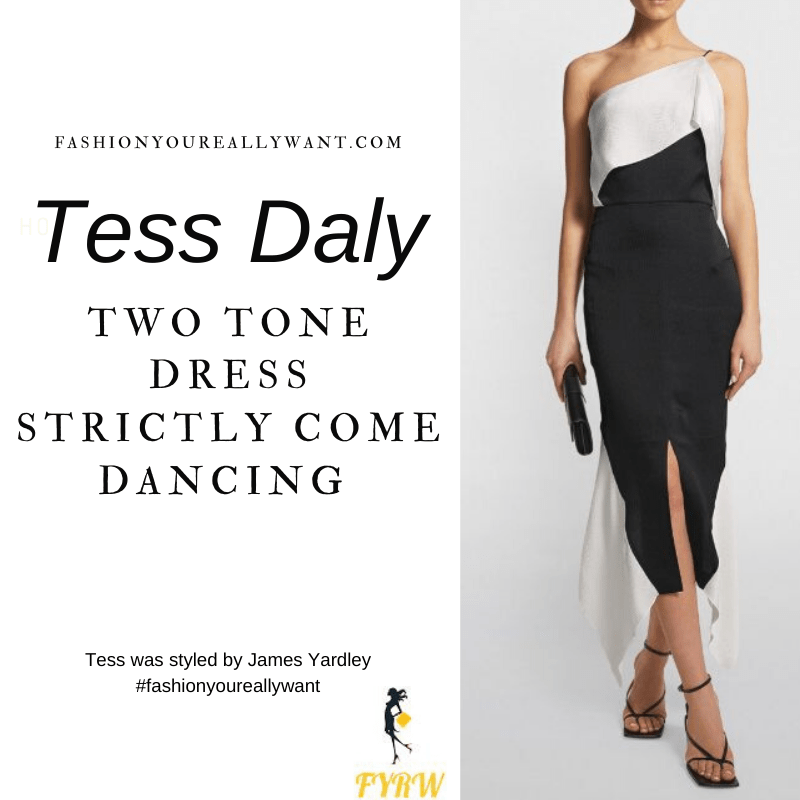 Tess Daly Strictly Come Dancing Semi Final Results December 2020 where to get her outfits black and white one shoulder midi dress