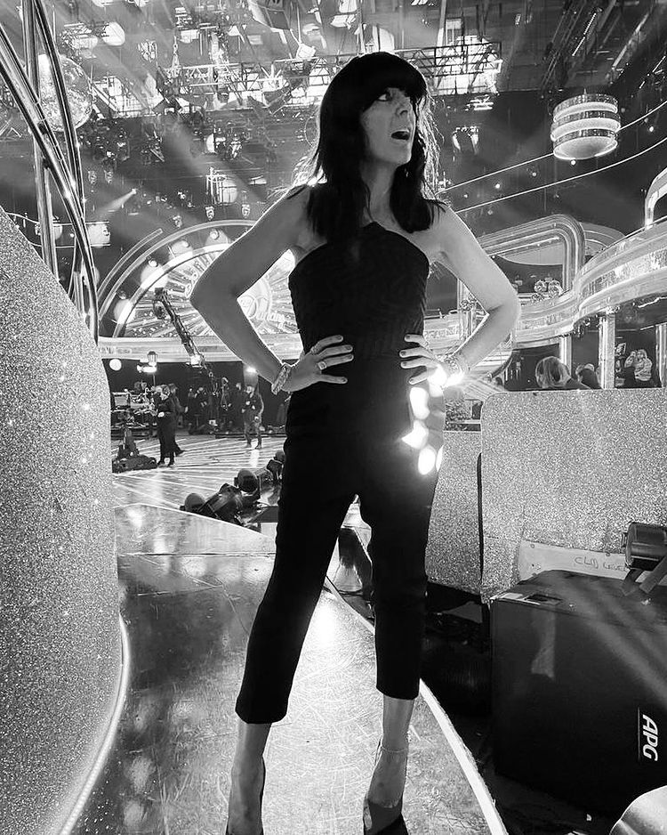where to get all Claudia Winkleman Strictly outfits black strapless jumpsuit pink court shoes 12 December 2020 Photo Claudia Winkleman