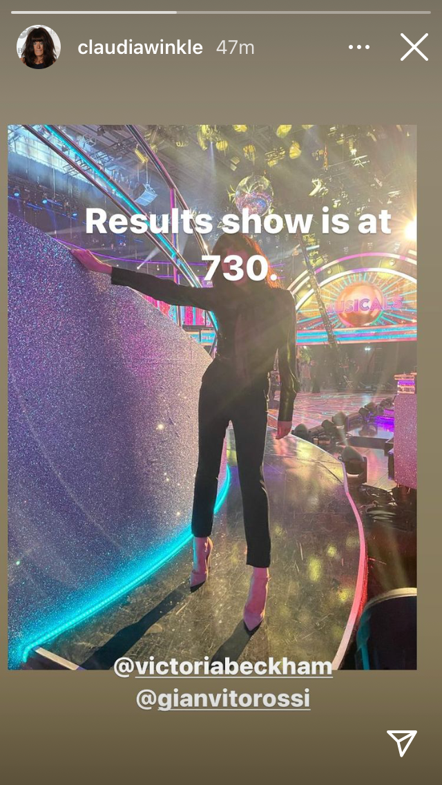 where to get all Claudia Winkleman Strictly outfits gold tie neck blouse black trousers 6 December 2020 Photo Claudia Winkleman