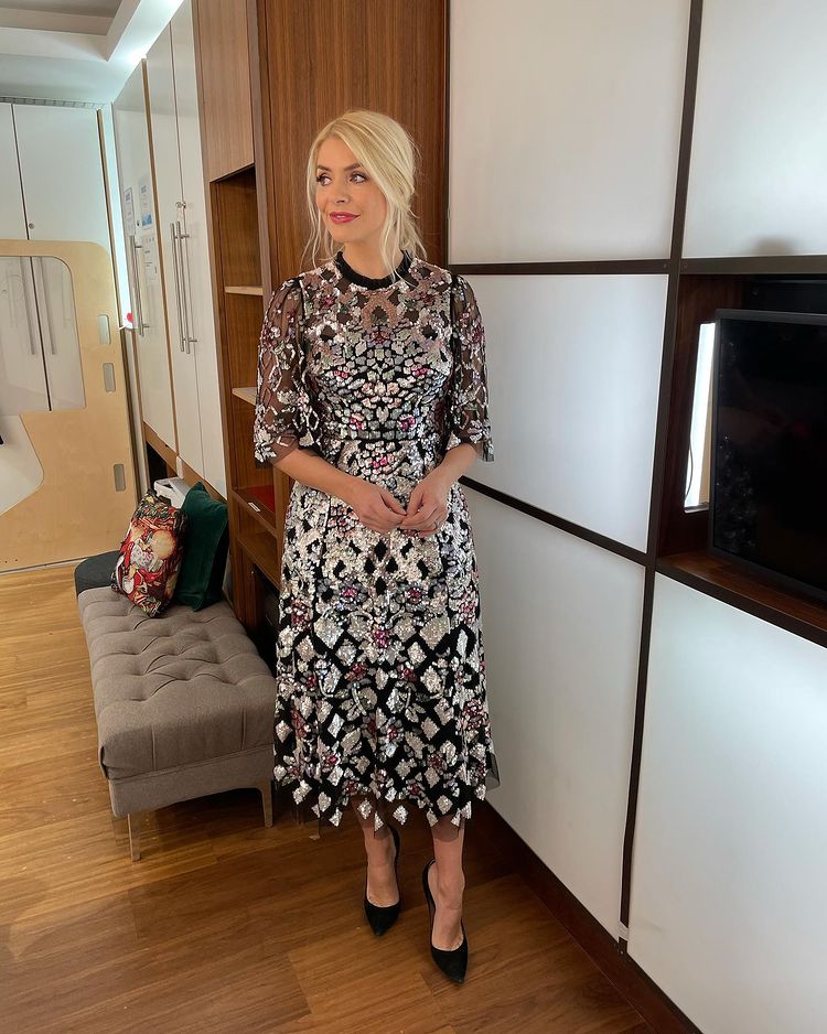where to get all Holly Willoughby This Morning dresses black harlequin rose sequin dress black suede court shoes 9 December 2020 Photo Holly Willoughby