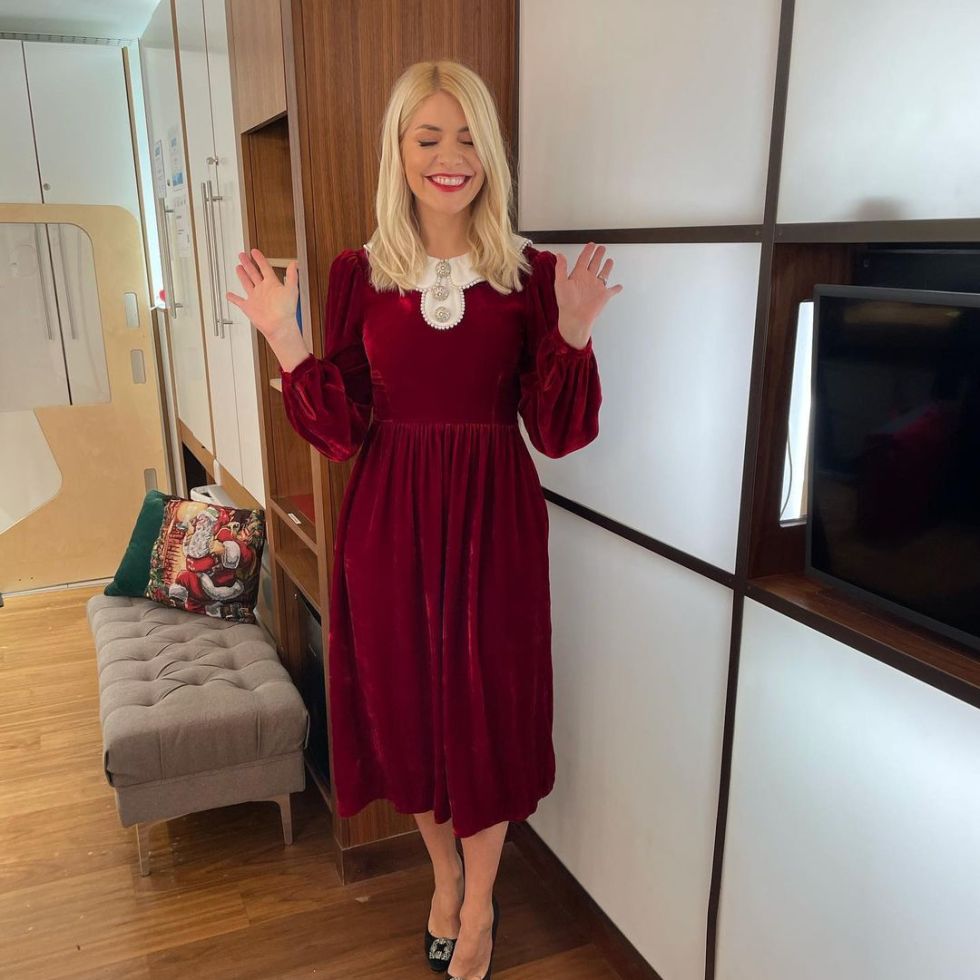 where to get all Holly Willoughby This Morning dresses red velvet dress white collar black slingbacks 25 December 2020 Photo Holly Willoughby