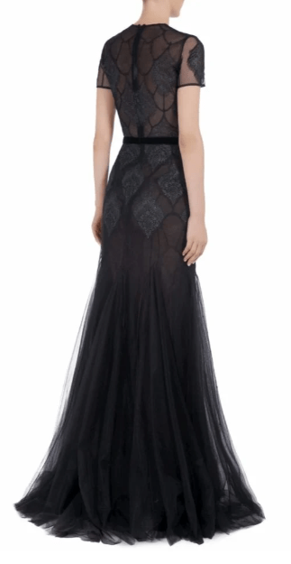 Costarellos Fina Metallic Tulle Gown back view