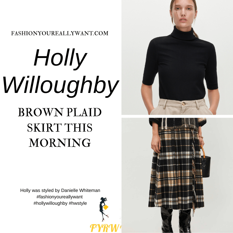 Where to get all Holly Willoughby This Morning outfits blog January 2021 brown plaid skirt with fringe short sleeve polo neck knit black suede court shoes
