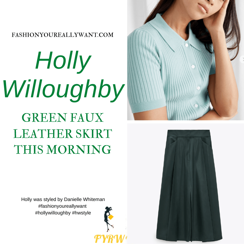 Where to get all Holly Willoughby This Morning outfits blog January 2021 green faux leather midi skirt turquoise ribbed top green suede court shoes