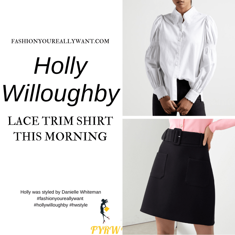 Where to get all Holly Willoughby This Morning outfits blog January 2021 white lace trim shirt black mini skirt black suede court shoes
