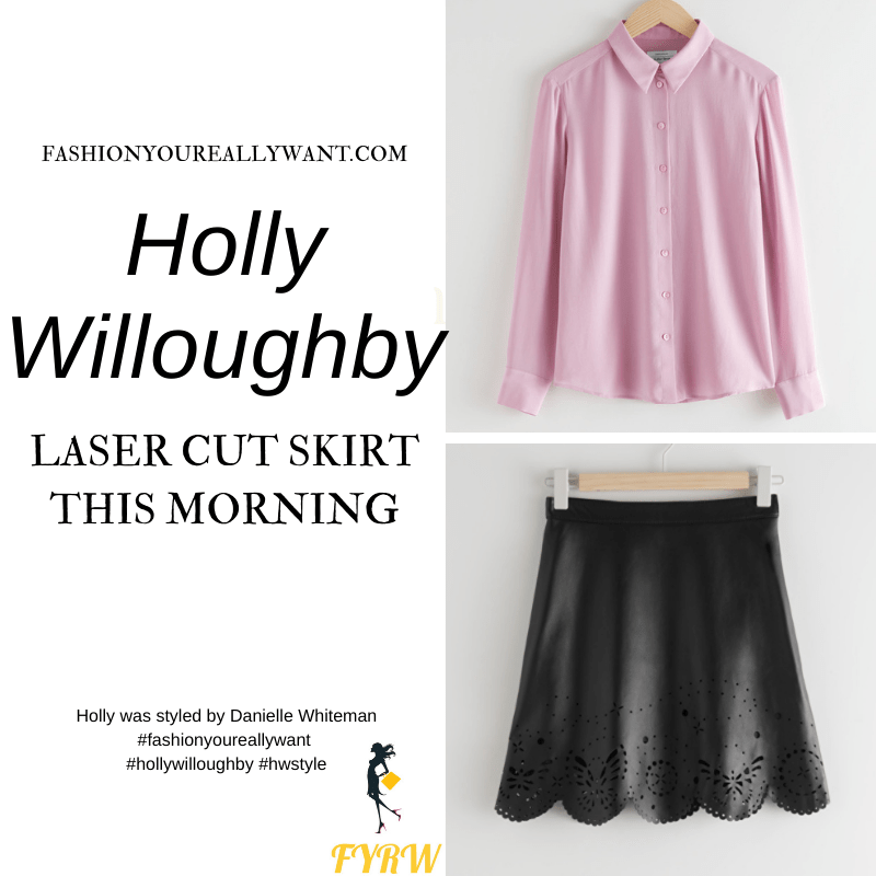 Where to get all Holly Willoughby This Morning outfits blog January 2021 black leather laser cut mini skirt pink silk blouse black ankle boots