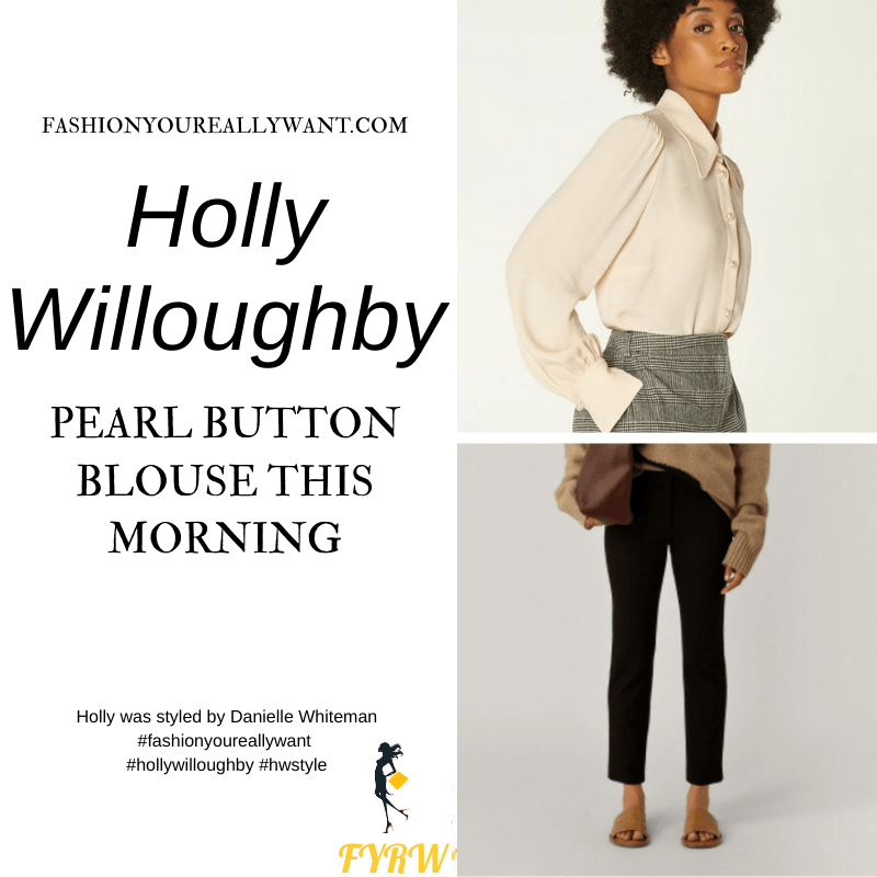 Where to get all Holly Willoughby This Morning outfits blog January 2021 cream pearl button blouse black slim leg trousers black suede court shoes