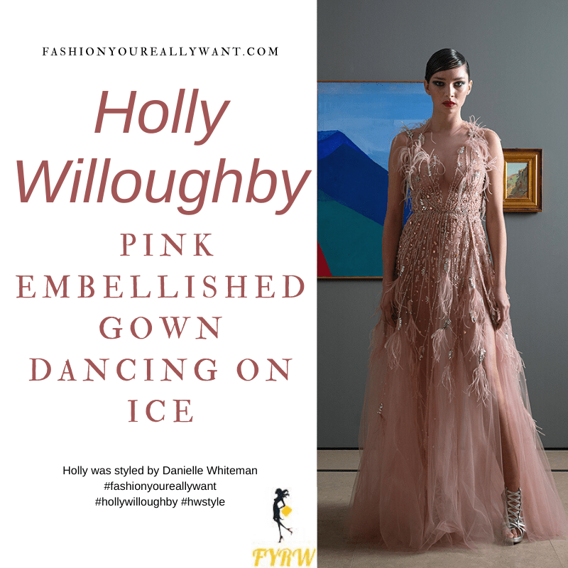 Where to get all Holly Willoughby Dancing on Ice outfits blog January 2021 pink embellished feather gown