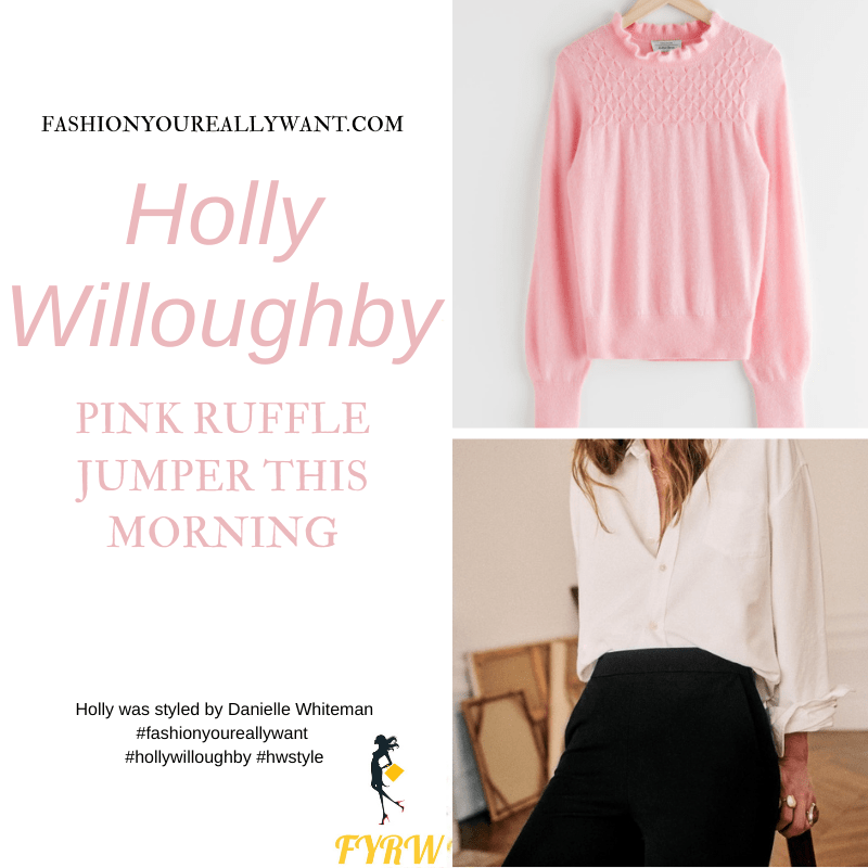 Where to get all Holly Willoughby This Morning outfits blog January 2021 pink ruffle neck jumper black slim trousers black suede court shoes