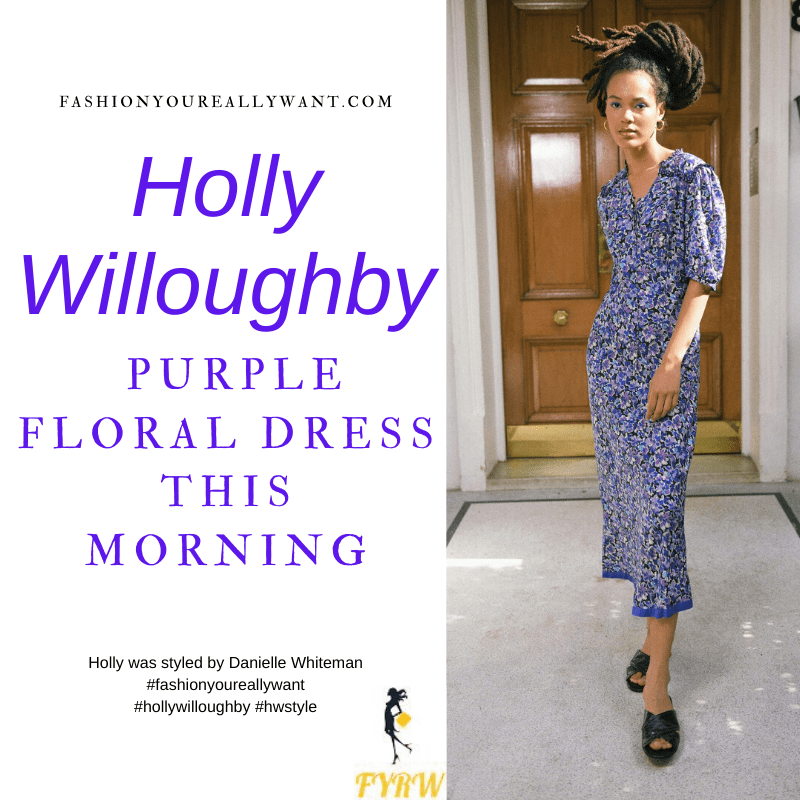Where to get all Holly Willoughby This Morning outfits blog January 2021 purple floral elbow sleeve midi dress black suede court shoes