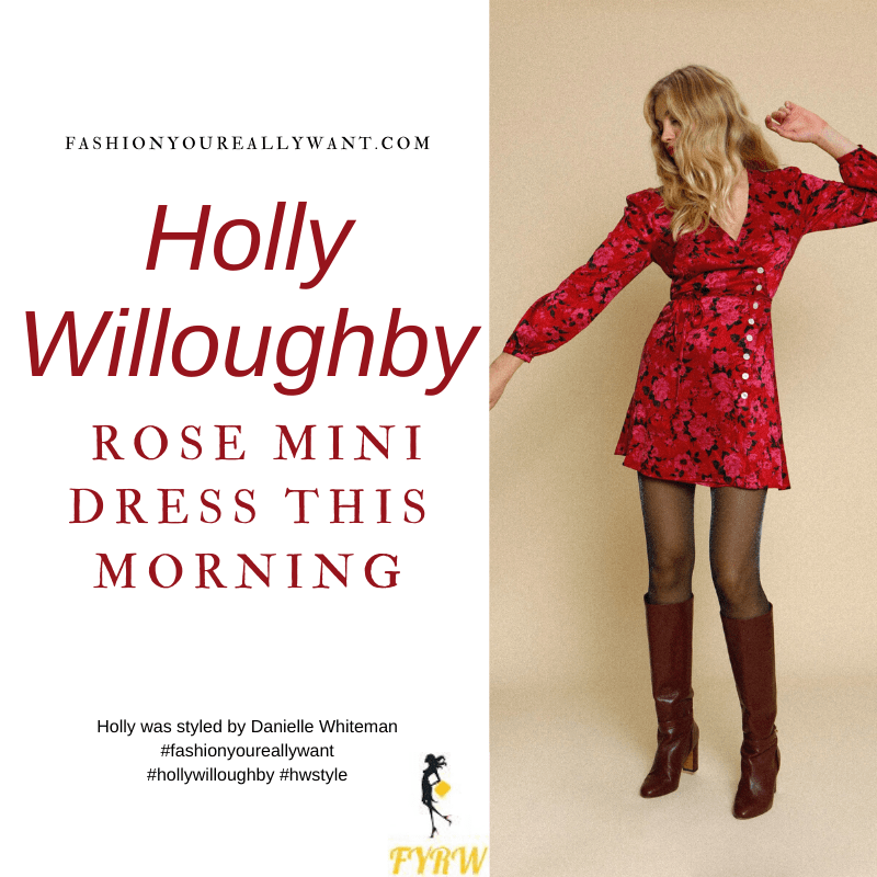 Where to get all Holly Willoughby This Morning outfits blog January 2021 rose print side button long sleeve mini dress black suede ankle boots