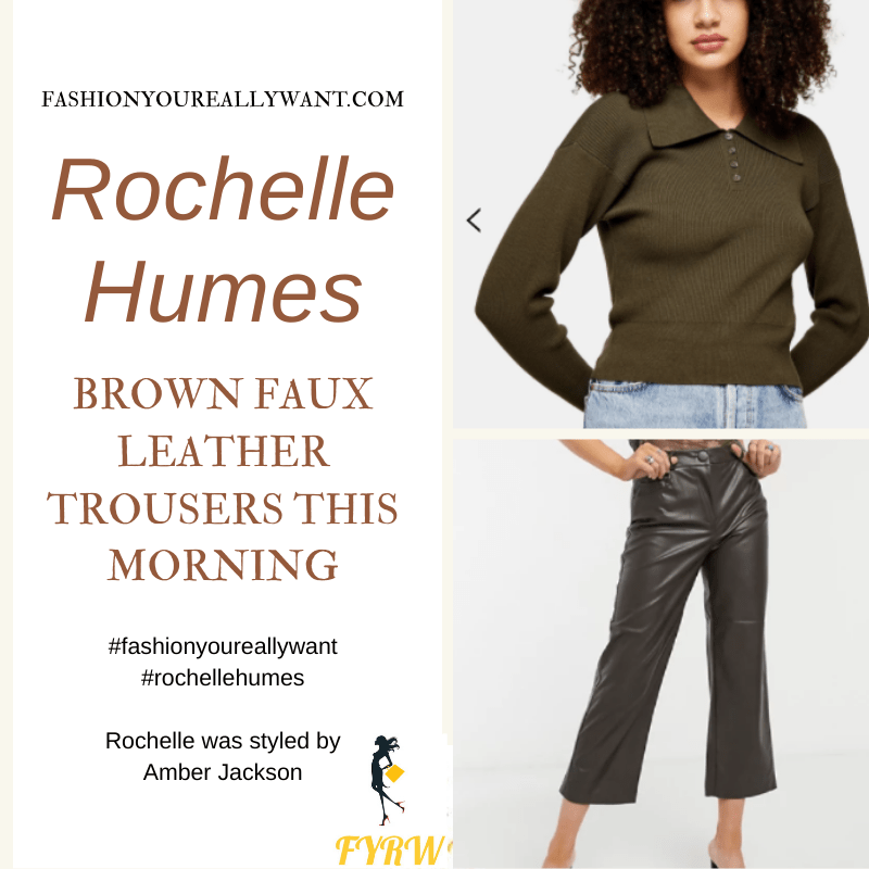 Where to get all Rochelle Humes This Morning outfits blog January 2021 brown faux leather trousers khaki button neck knit snakeskin mules