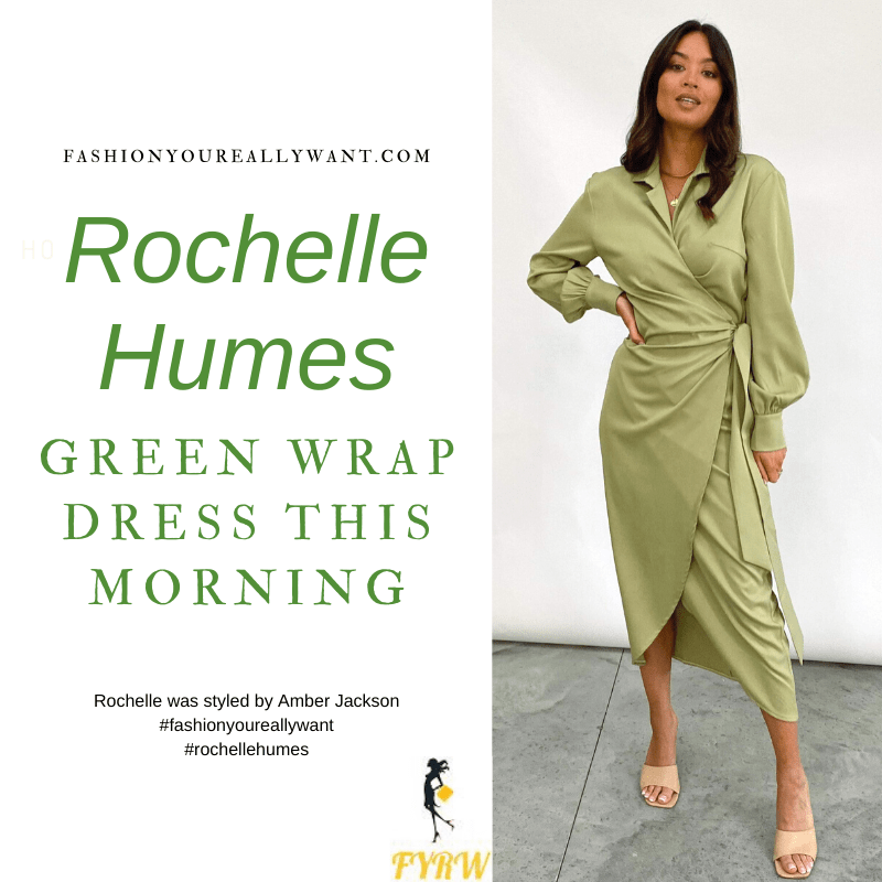 Where to get all Rochelle Humes This Morning outfits blog January 2021 green long sleeve wrap dress green croc kahki knee high boots