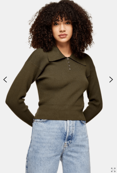 Topshop Khaki Oversized Collar Knitted Top