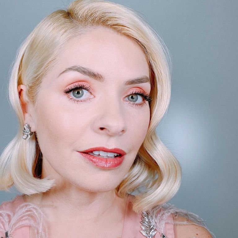 where to get all Holly Willoughby Dancing on Ice dresses pink embellished feather gown 17 January 2021 Photo Holly Willoughby close up